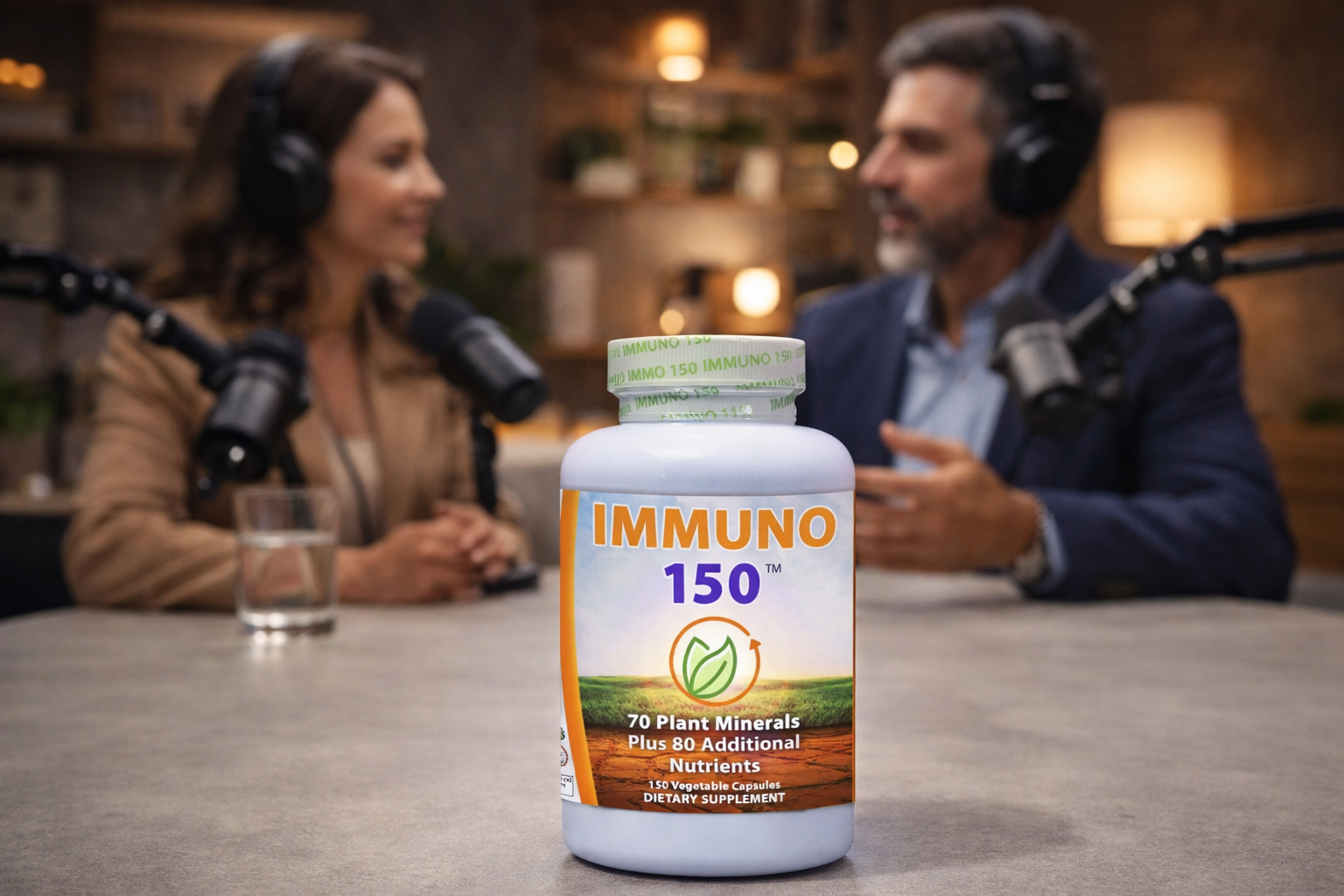 Immuno 150 podcast interview featuring the bottle on the table